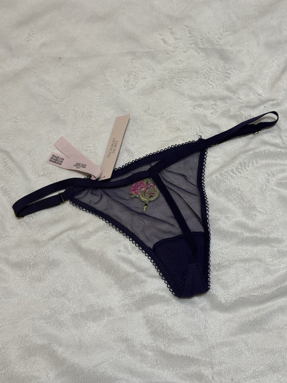 Victoria's Secret V-String Panty Purple Mesh Floral Snake Embroidery NWT Medium